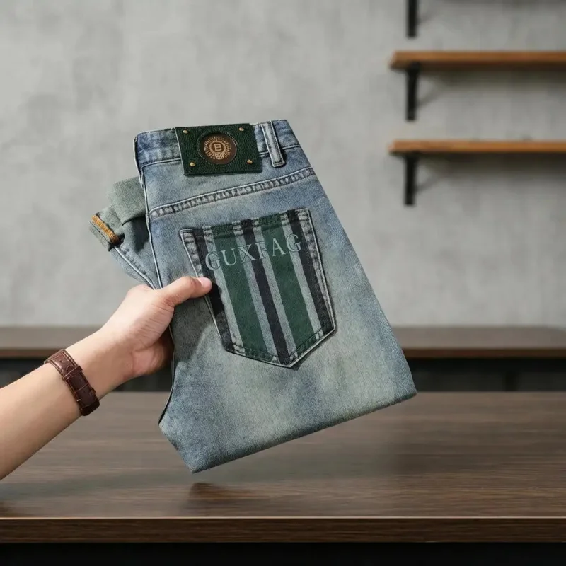 

2026 Summer Floral Season Light Blue Slim Straight Denim Jeans for Men Luxury Fashion Printed Casual Versatile High Quality