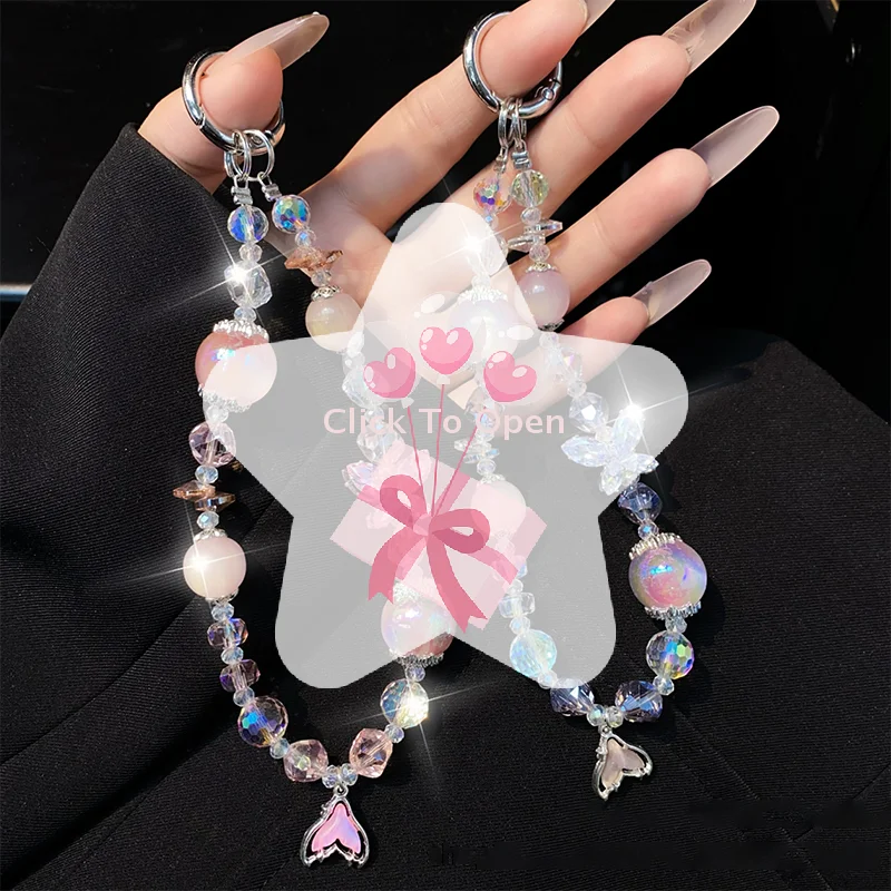 ملحق الهاتف المحمول على شكل فراشة كريستالية مع حبل مضاد للضياع