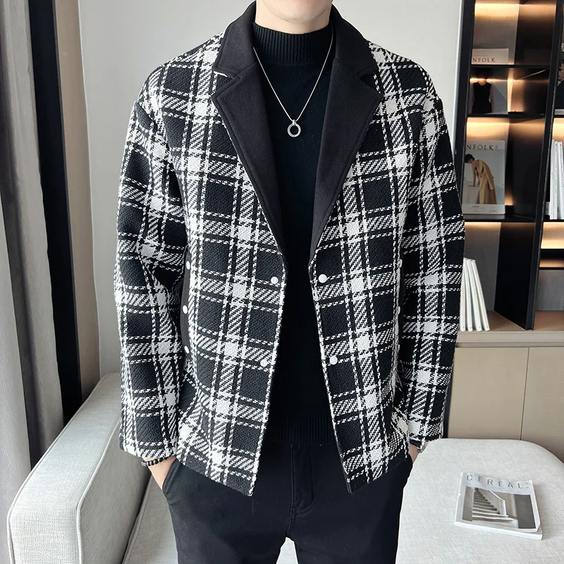 

2023 Men Fashion Jackets Loose Lapel Follow-up Spring Autumn Retro Coat Merchandise Wool Blends Plaid Loose Male Outerwear Z140