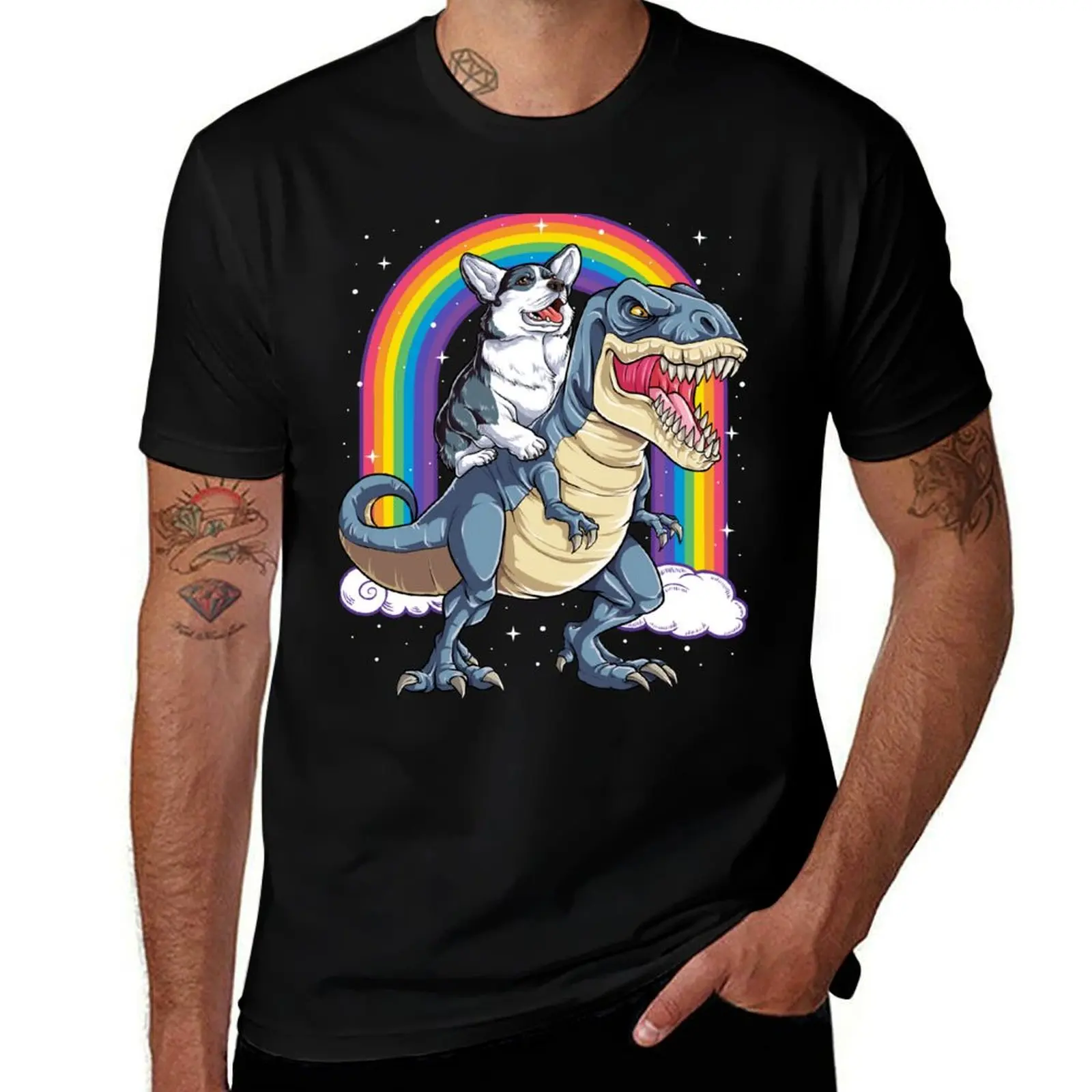 

Corgi Riding Dinosaur T rex Shirt Funny Rainbow Dog T-Shirt t shirts for man pack cotton t shirt for man T-Shirt