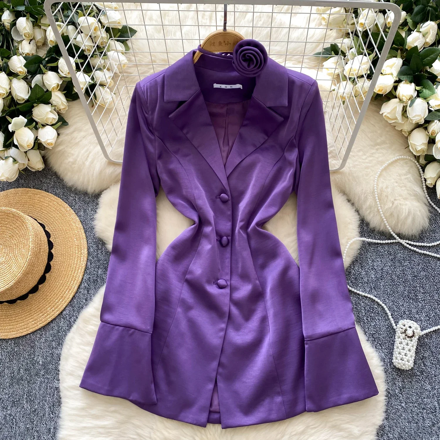 Elegant Notched Collar Vintage Long Sleeve Chic Floral Slim Single Breasted Satin Suit Women Korean Streetwear High Street Top