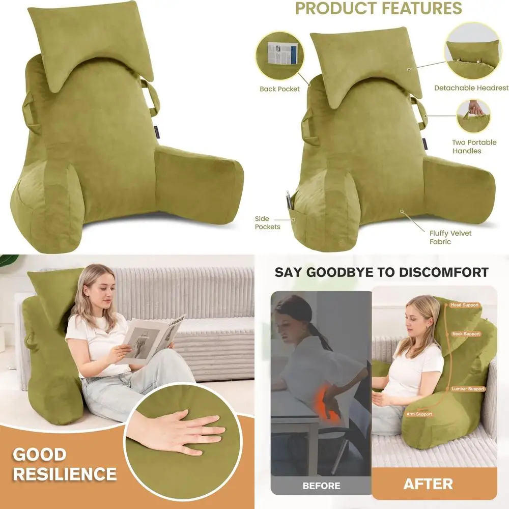 

Портативная эргономичная подушка для чтения светло-зеленого цвета для сидения в кровати, общежитии или во время игр, с бархатной спинкой и подлокотниками