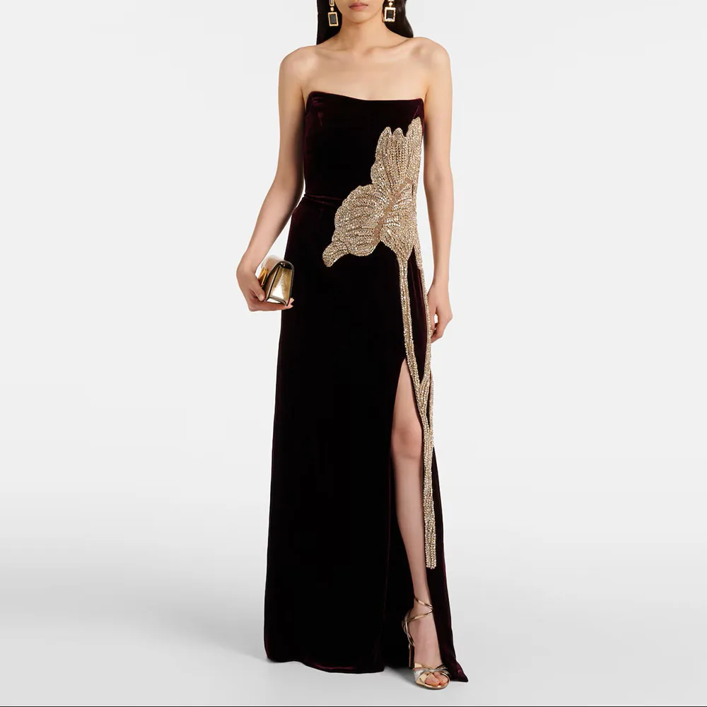 

Бархатные вечерние платья без бретелек по индивидуальному заказу с разрезом, роскошное свадебное платье длиной до пола с кристаллами فساتين условия проведения