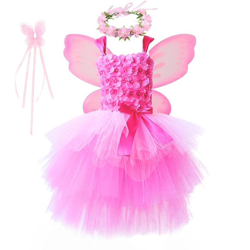 Costumes de fleurs roses dégradées pour bébés filles, robes superposées de princesse, pétales d'hortensia, tenues d'anniversaire pour enfants, 3 couches