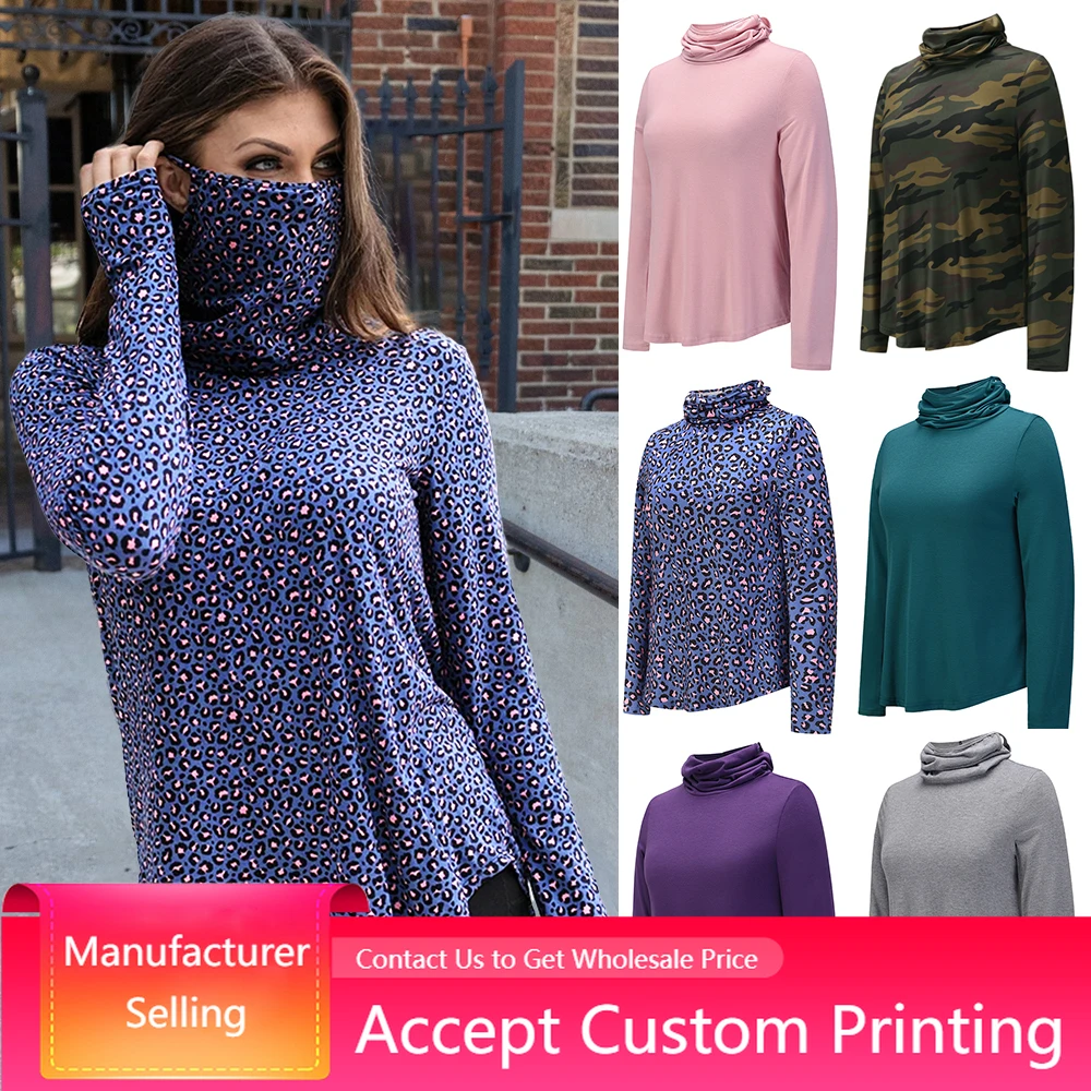 

Women Bottom Shirt Turtleneck Long Sleeve T-shirt Girls Autumn Winter Clothes Plus Size Loose Casual Pullovers Top With Mask