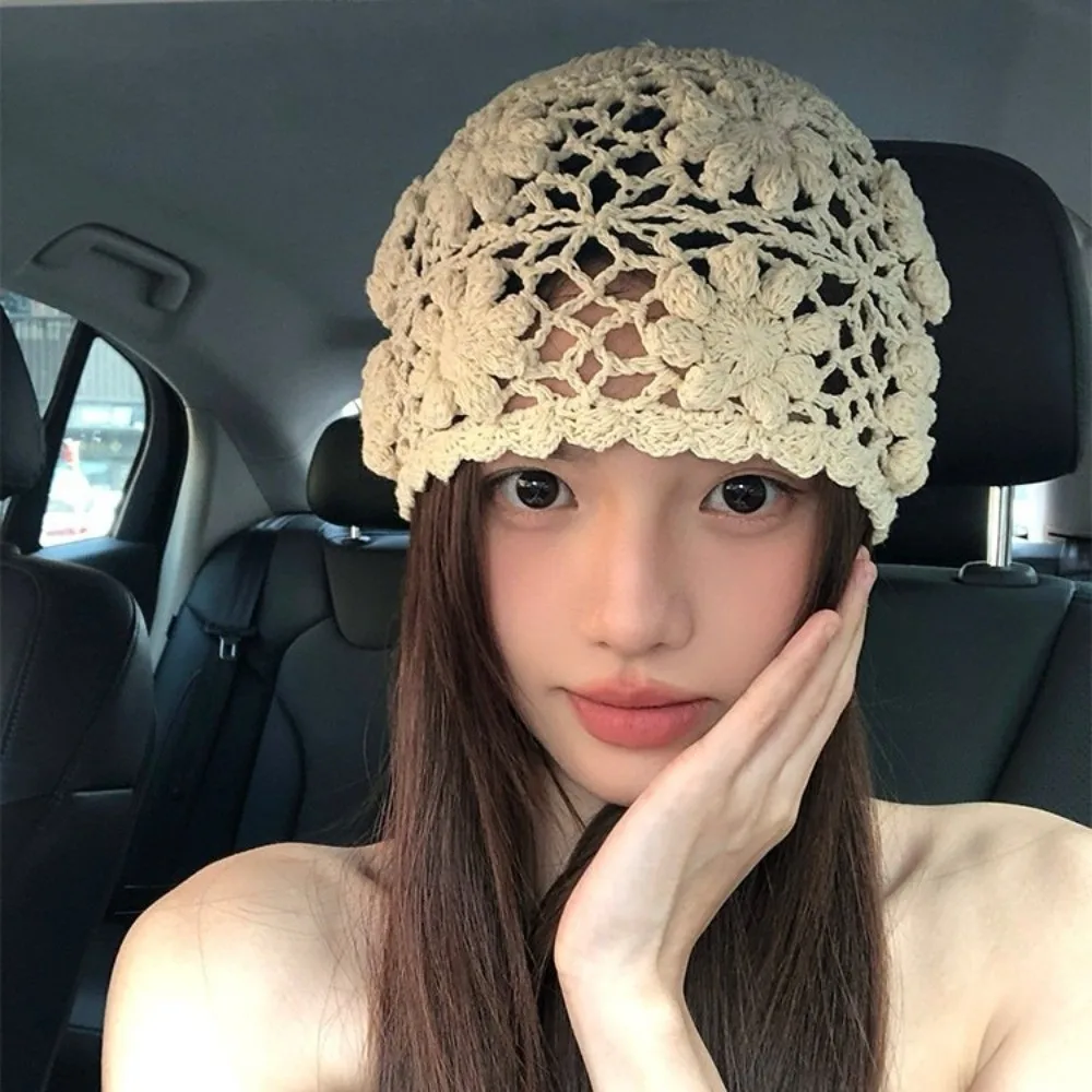 

Cute Handmade Crochet Flower Hat Hollow Y2k Knit Basin Caps Weave Women Beanies Cap Ladies