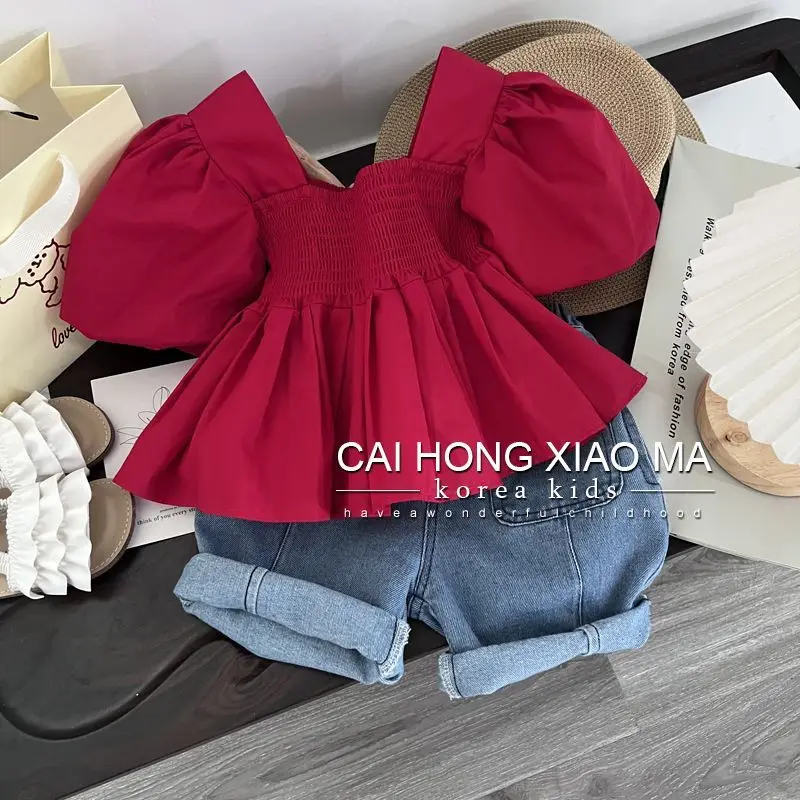 Summer Children\'s Clothing Set New Girls Cotton Short Sleeve Bubble Sleeve Shirt Jeans 2 Piece Baby Shorts Set Kids Outfits