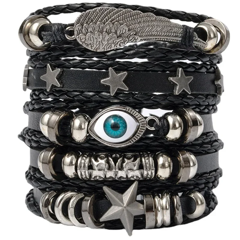 4/5/6pcs Evil Eye Wing Star Skull Diy Braided Punk Style Bracelet Set, Featuring Pu Leather And Beads Bracelet