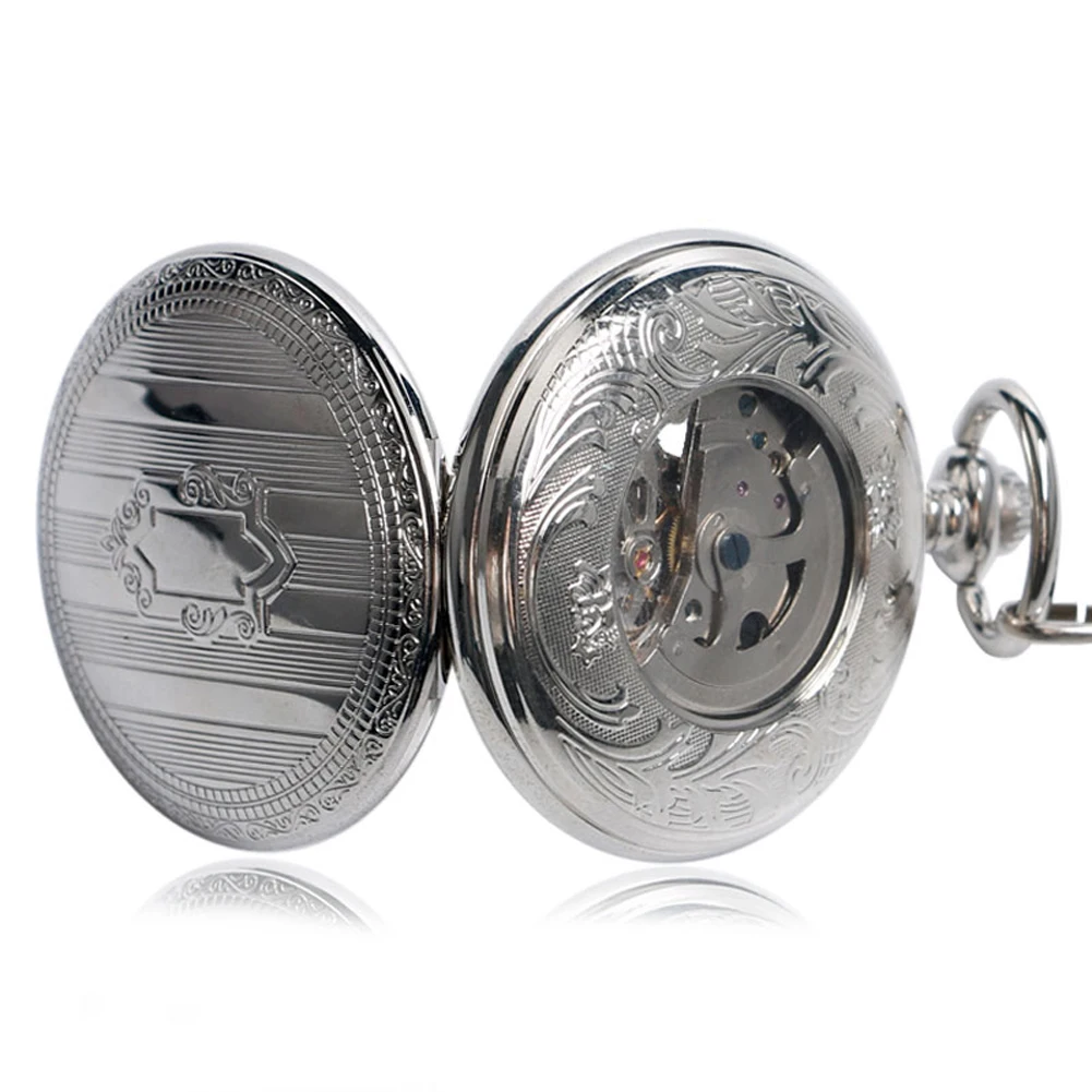 Silver Shield Automatic Mechanical Pocket Watch Arabic Numerals Display Self-Winding Pendant Antique Pocket Clock Male Gifts