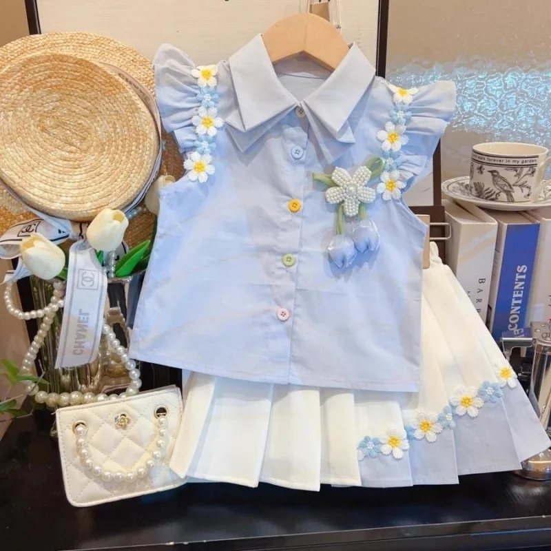

TOY-2025Summer New Baby Girl Floral Short Sleeve Puff Sleeve Shirt Elastic Waist Pleated Skirt Girls Comfortable Set