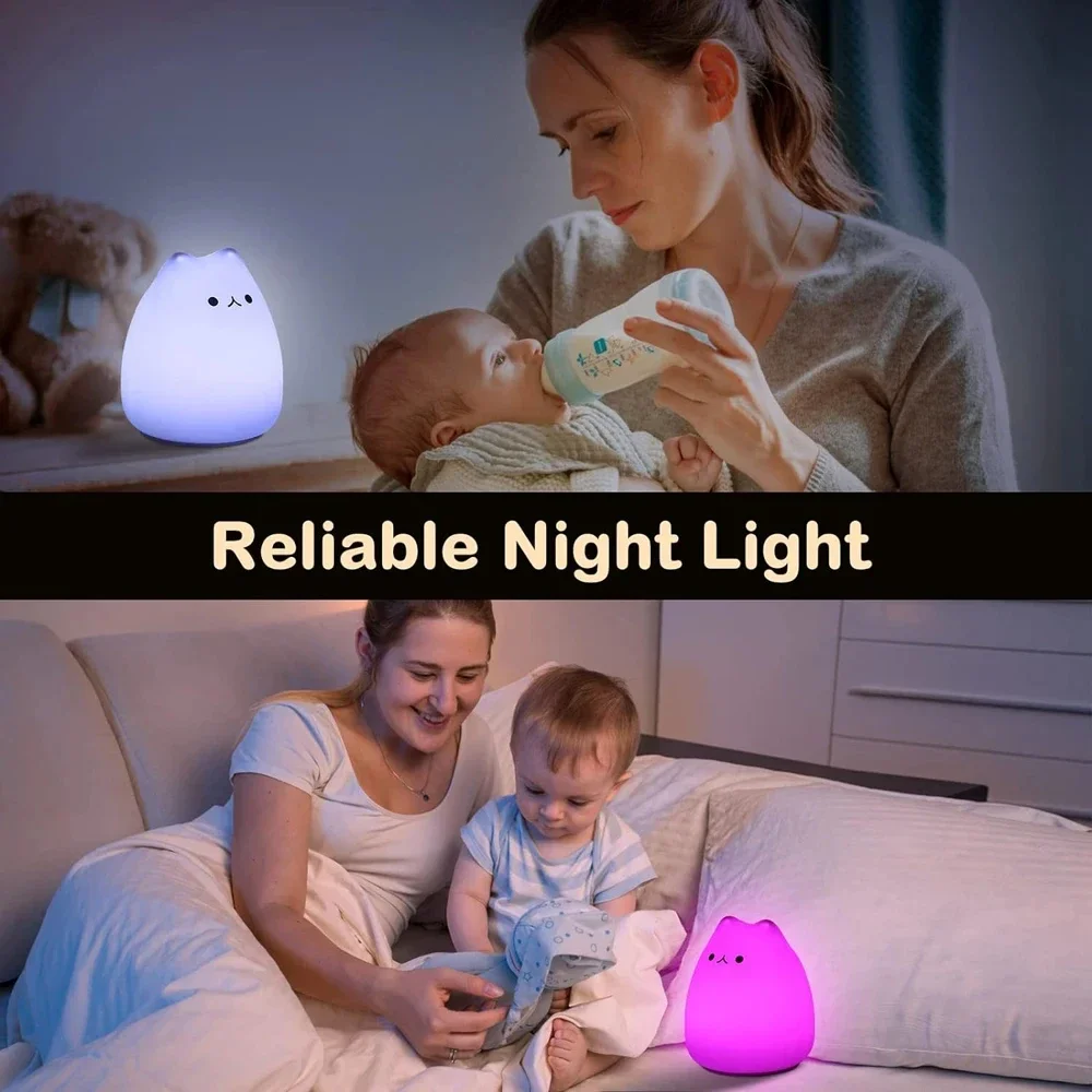 LED Night Light Soft Silicone Touch Sensor Cat Sleeping Lamp Home Bedroom Decoration 7 Colors Birthday Gift for Kid