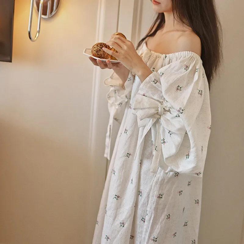 Women Sweet Printed Full Sleeves Nightdress French Sexy Loose Long Mid-Calf Nightgowns 100% Cotton Comfortable Sleepwear Nightie