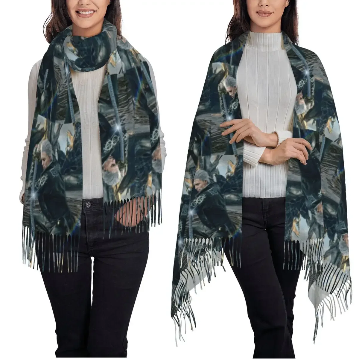 Vergil From The Devil May Cry Seri bufanda bufandas con borlas para mujer chales y chales suaves y cálidos chal grande para Otoño e Invierno