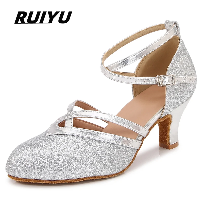 

Womens Latin Shoes Salsa Tango Ballroom Party Women's Shoes Silver Girls High Heel Dance Sneakers Outdoor Rubber Sole