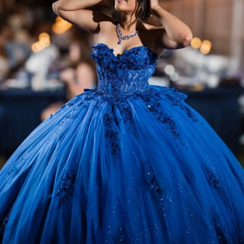 

Shiny royal blue Quinceanera Dress off-shoulder crystal 3D flower decal Long tail Bow vestidos de 15 Quinceanera ﻿Customize