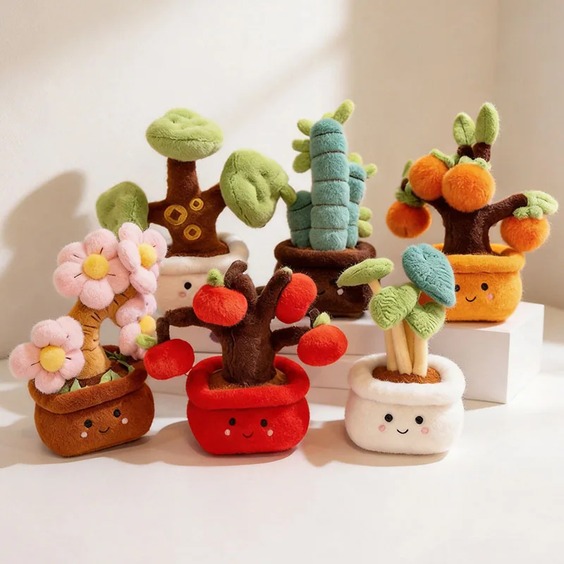 Peluche Kawaii en pot de 25 cm, douce, en forme de kaki, pomme ou arbre porte-bonheur, poupée en peluche, coussin décoratif, ornement, cadeau d'anniversaire pour enfants, garçons et filles