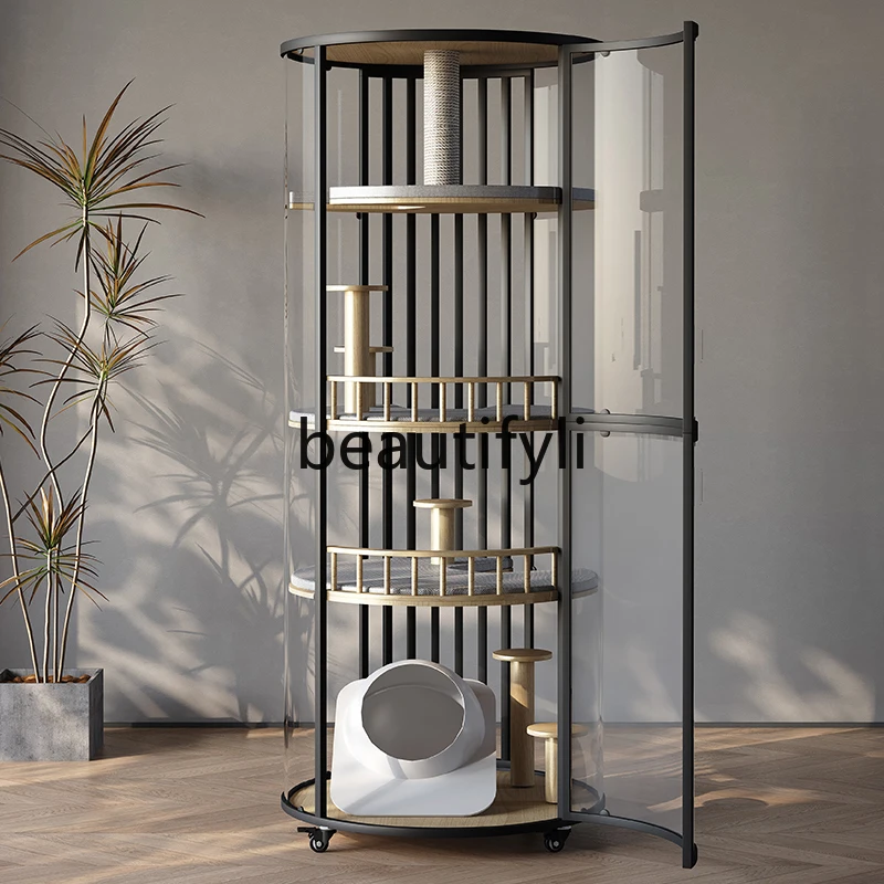 

Large cylindrical cat villa 360 panoramic view four floors can move the house solid wood cat cage