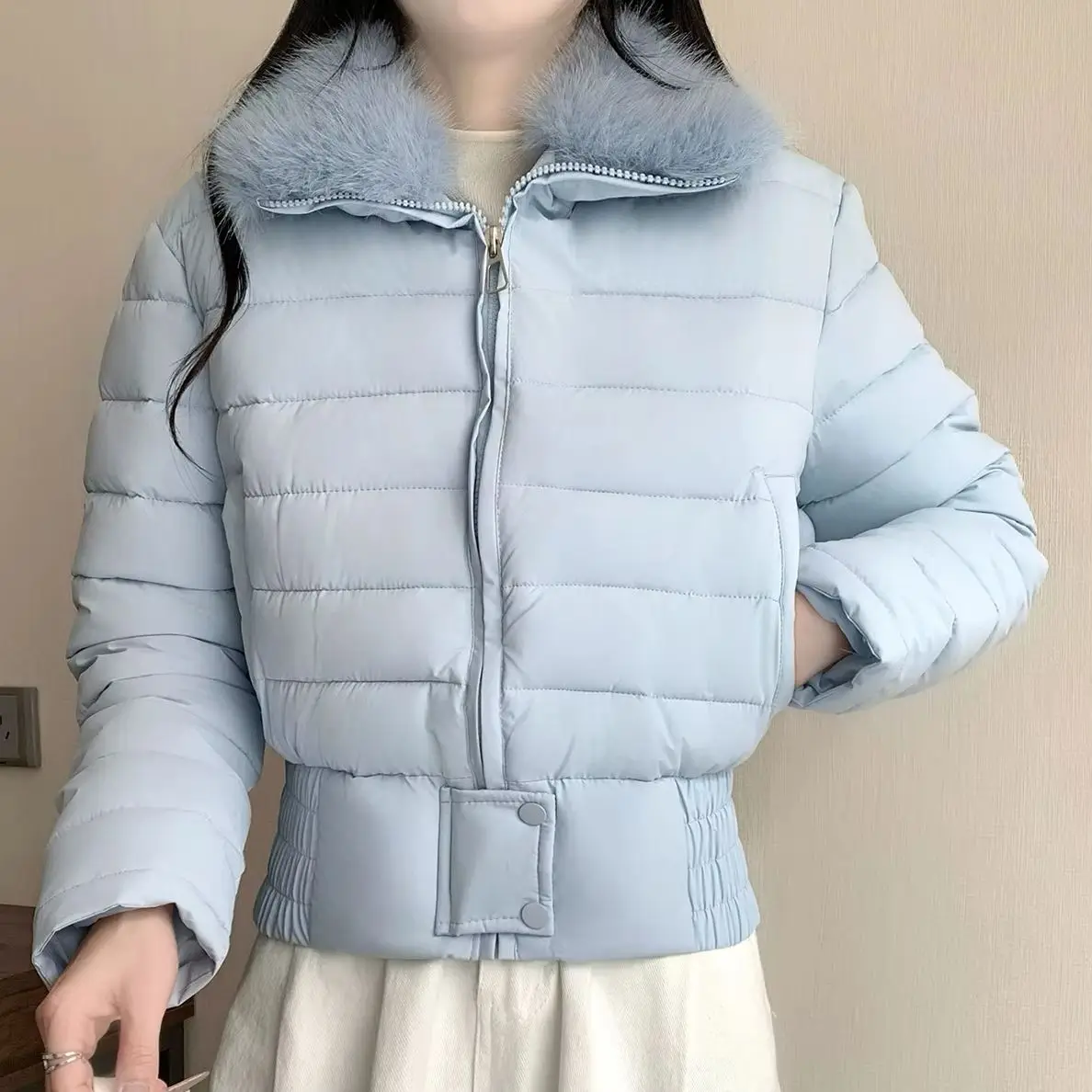 Women Cropped Elastic Hem Short Padded Jacket Coat Winter Chic Female Zipper Warm Slim Top Parka Outerwear Casual Fur Collar