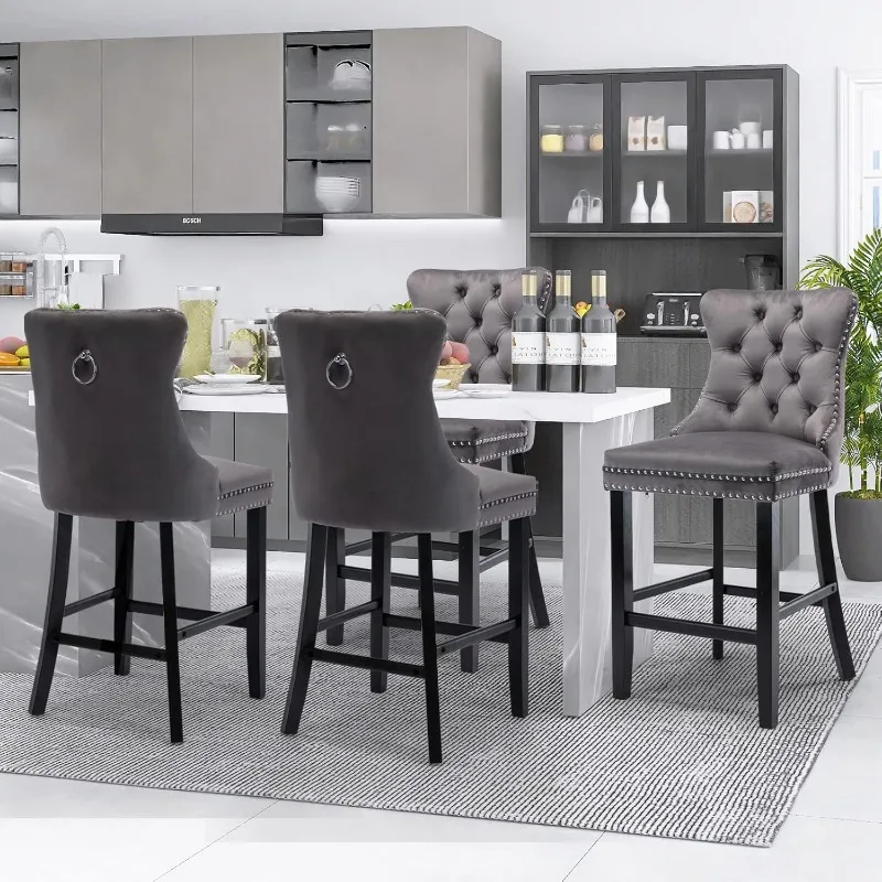 

Modern Velvet Upholstered Bar Stools Set of 4 with Wood Legs Button Tufted Counterstool Seat Armless Bar Chairs (Gray)