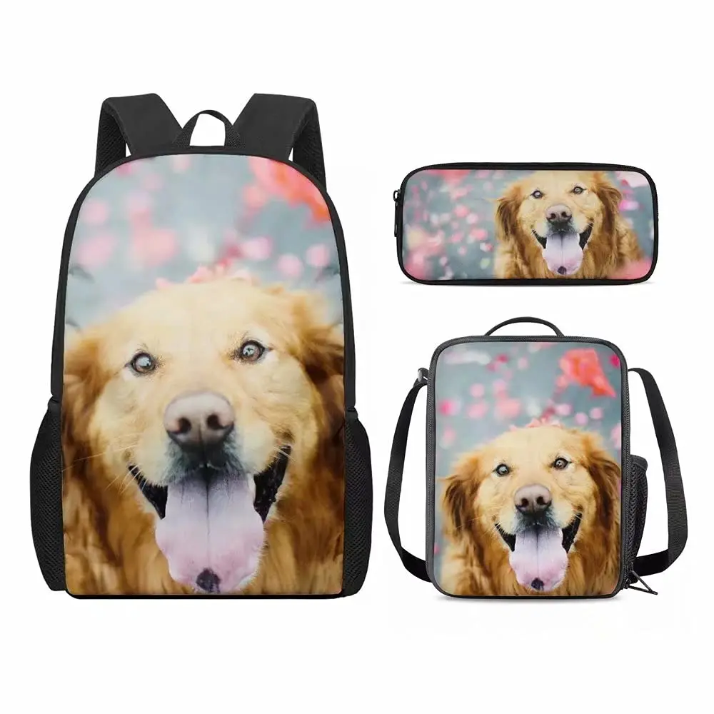 Cute Golden Retriever Dog Print Mochila Casual, Mochilas de viagem leves, Bolsa escolar de estudante com lancheira, Estojo de lápis