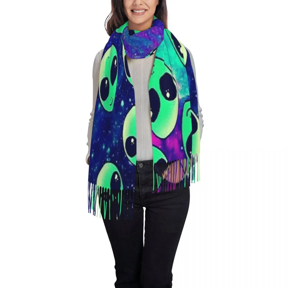 Funny Alien Pattern Scarf Tassel Scarves for Women Soft Warm Shawls and Wraps Long Fall Winter Shawl Wrap