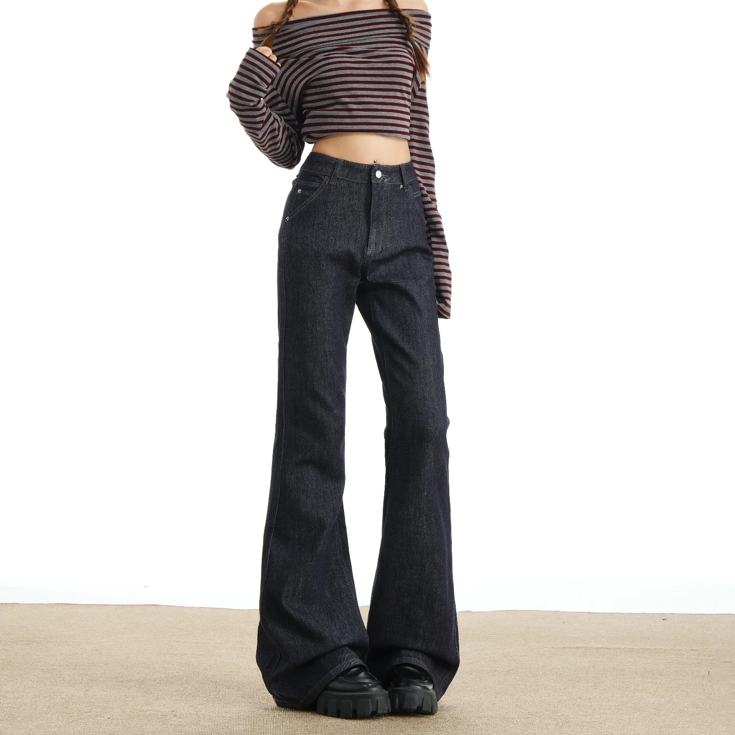 

Women's Jeans High Waisted Flared Elasticity Denim Pants Vintage Minimalist Denim Trouser Y2K Tannin color Slim-Fit Long Pants