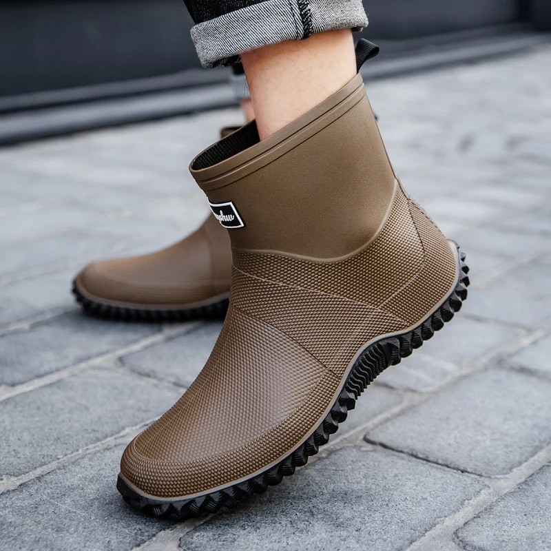 Men Rain Boots Fashion Mid-calf Lightweight Durable Casual Work Shoes Men Anti-slip Layered Clothing Outdoor Shoes Men Boots