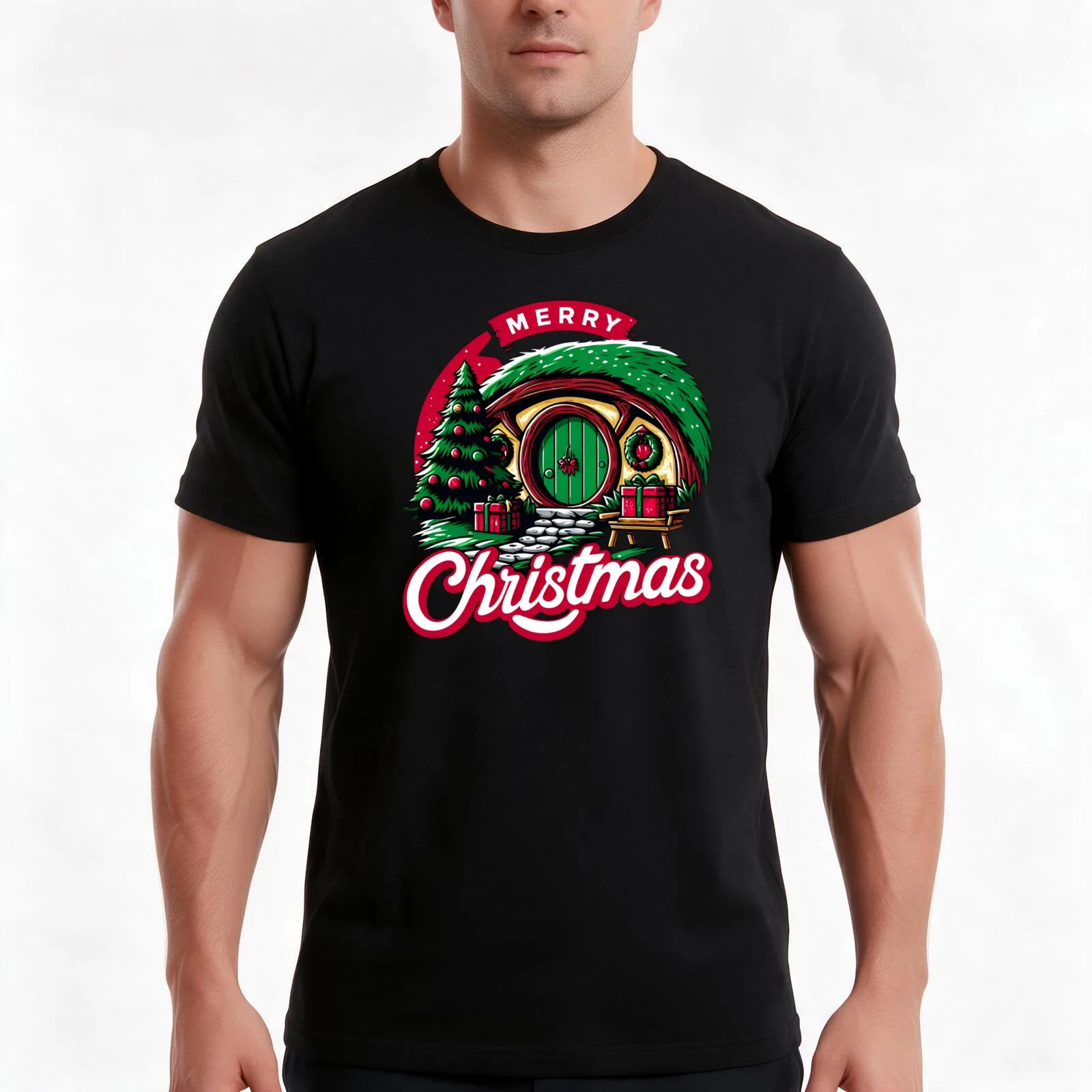 Merry Christmas - Festive Halfling Hole with Tree and Presents - Fantasy Christmas T-Shirt, Summer Casual Cotton Tee