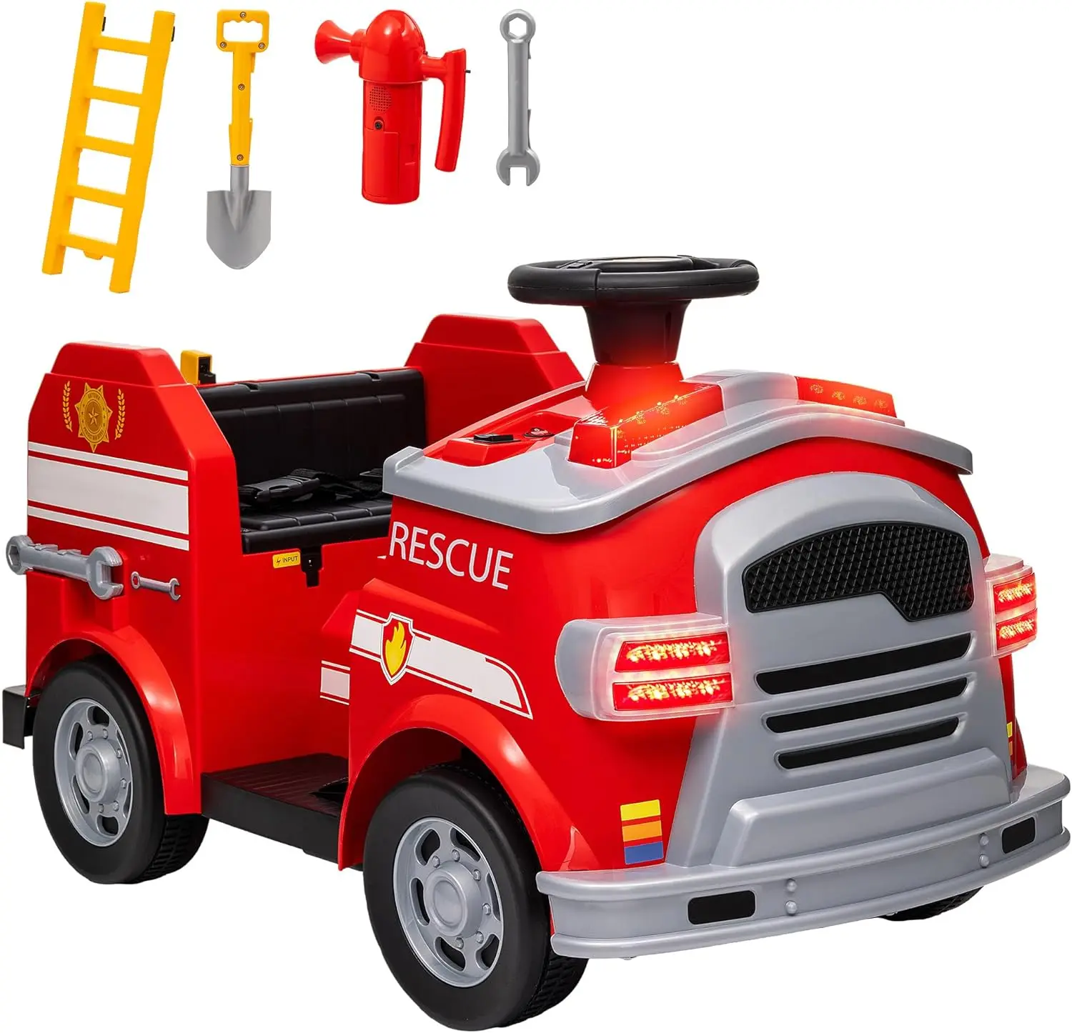 12-V-Fahrt auf Feuerwehrauto, batteriebetriebenes Elektroauto für Kinder mit Sirene, Blinklichtern, Feuerlöscher, Sanftanlauf, Horn Mu