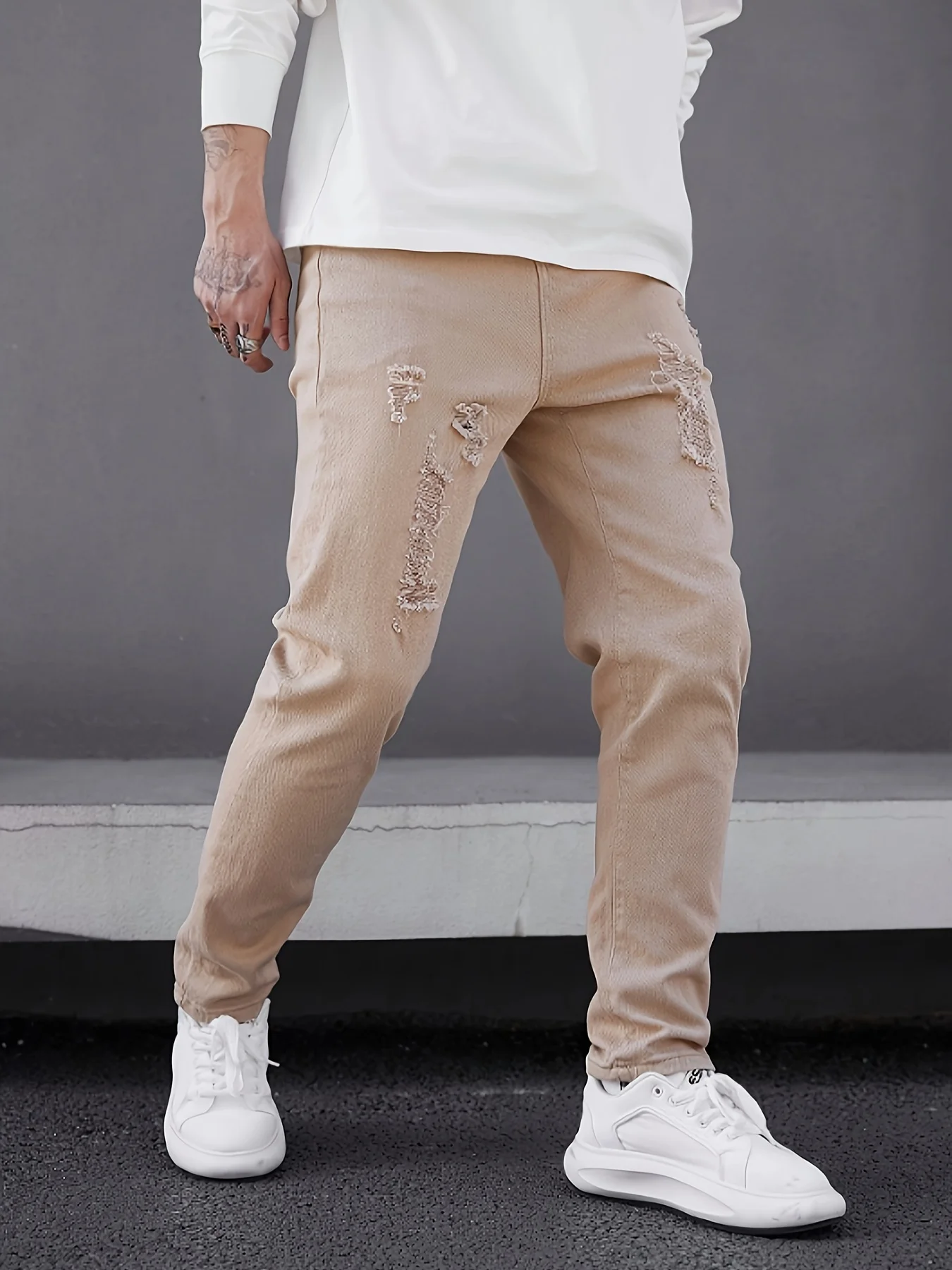 Casual herenjeans, geperforeerde kaki strakke denimbroek voor heren