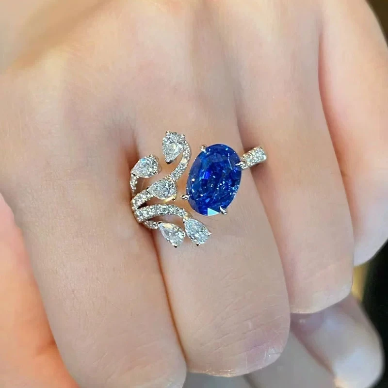 

New Fashion Oval Blue Gemstone Zircon Open Rings for Women Elegant Sapphire Simple 925 Sterling Silver Jewelry