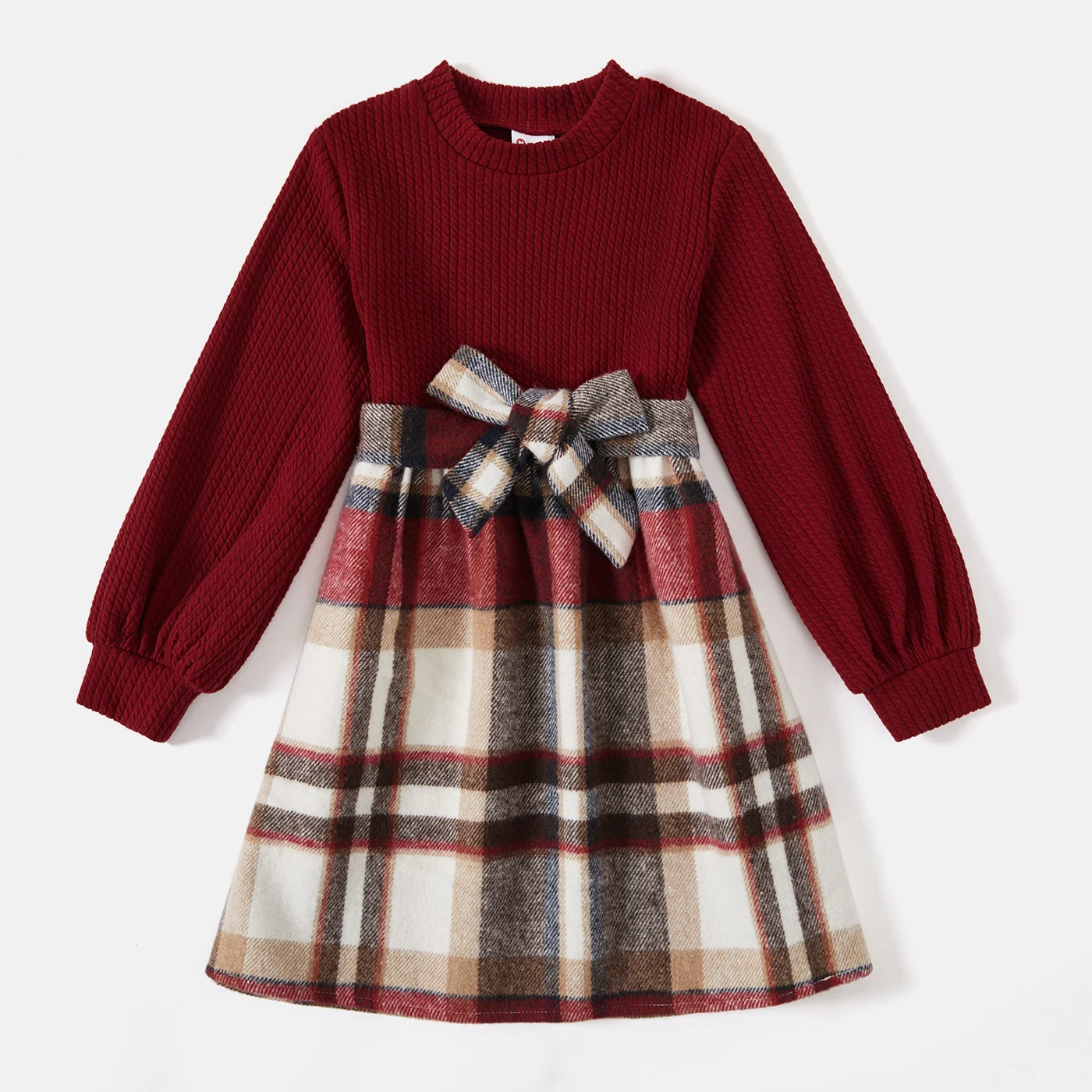 PatPat Family Matching Solid Ribbed Spliced Plaid Belted Dresses and Long-sleeve Button Up Shirts Sets