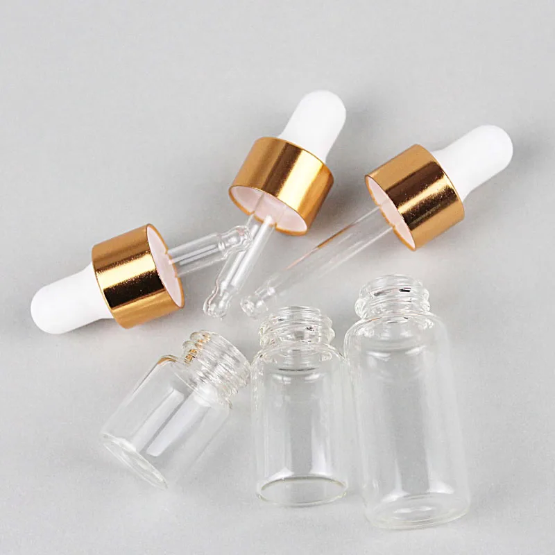 10pcs 1ml 2ml 3ml 5ml 앰버 미니 유리 Dropper 병 에센셜 오일에 대 한 골드 모자와 빈 리필 되나요 투명 유리 튜브