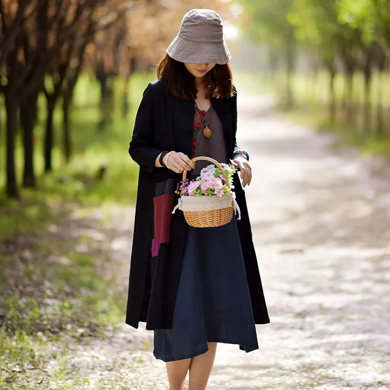 

Spring New Sle Pure Linen Retro Button Women's Long Coat Stand Collar Open Cardigan Outerwear Patchwork Color ket