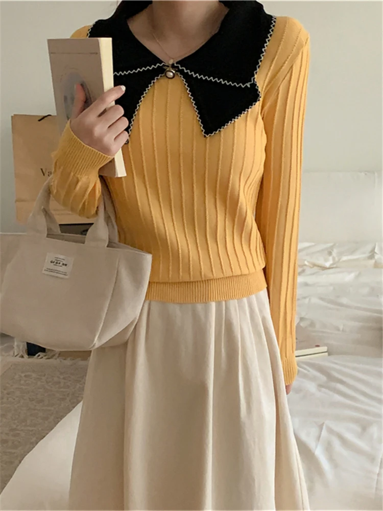 Colorfaith SW5224DG New 2023 Bow Oversized Vintage Pullovers Elegant Lady Wild Korean Fashion Knitted Women Spring Winter Tops