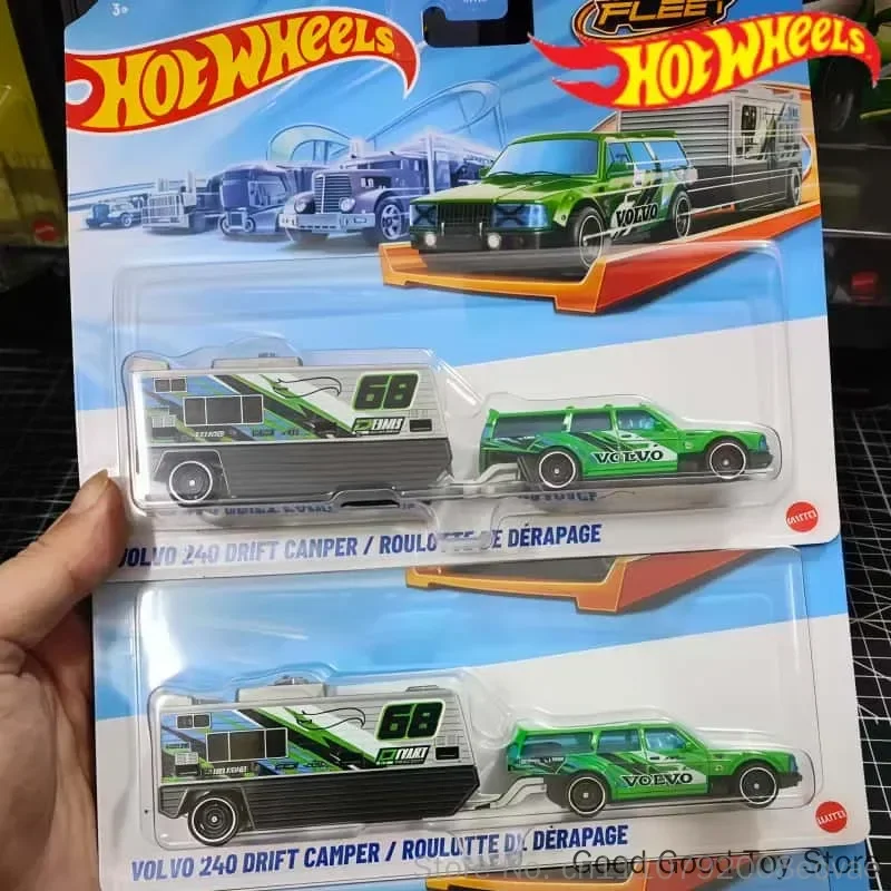 Genuine Hot Wheels Alloy Car Model Volvo 240 Drift Camper Transport Trailer Track Fleet Toy Model Collectible Creative Car Toys
