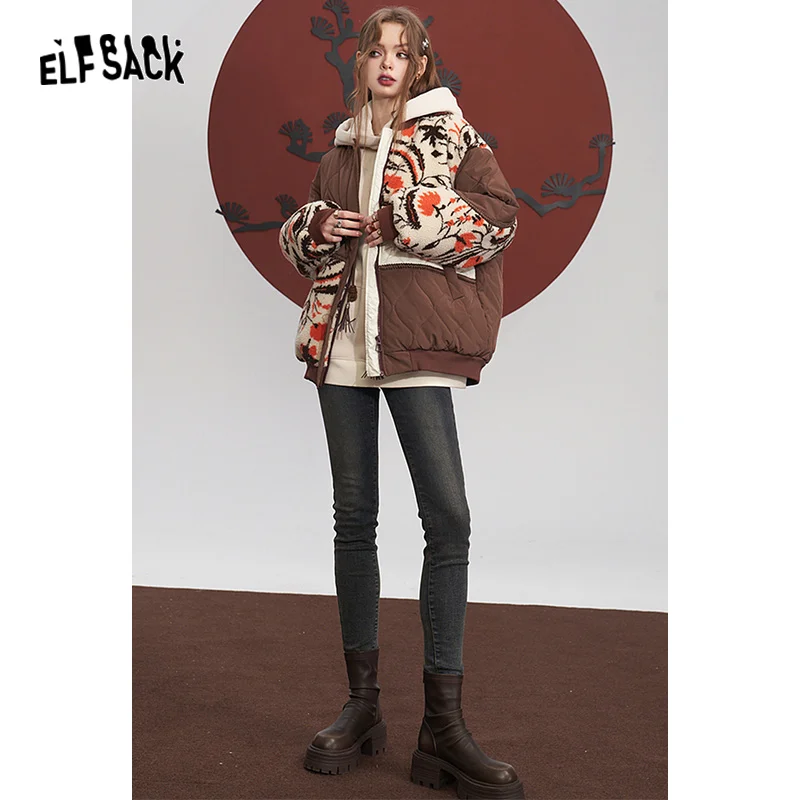 ELFSACK Spliced Cotton Coats Women 2023 Winter New Loose Rhombus Designed Jackets