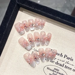 Handmade Press on Nails Sweet Pink Butterfly French Cat Eye Fake Nails Wearable Full Cover Shiny Love Korean Style Fake Nails