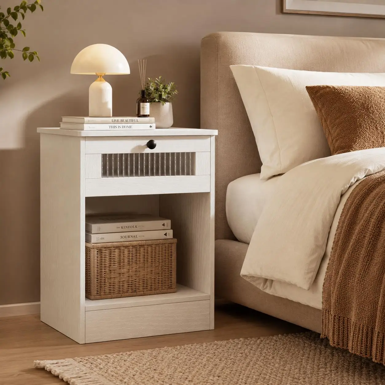 Modern Bedside Table Nightstand with Fluted Glass Drawer Open Storage Shelf Minimalist Small End Table Side Cabinet for Bedroom Living Room Office Home Furniture