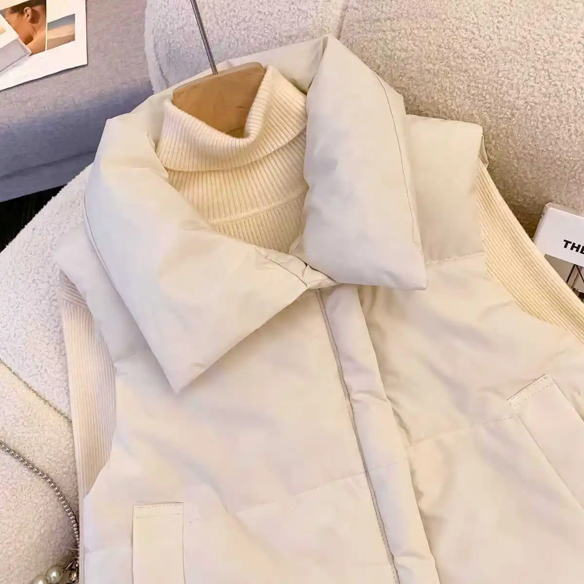 Übergroße Baumwollweste mit Reißverschluss, lockere Damenweste für Herbst und Winter, lässige Weste, ärmellose Kleidung, einfarbige Basic-Jacke, Oberteil – Detail 7