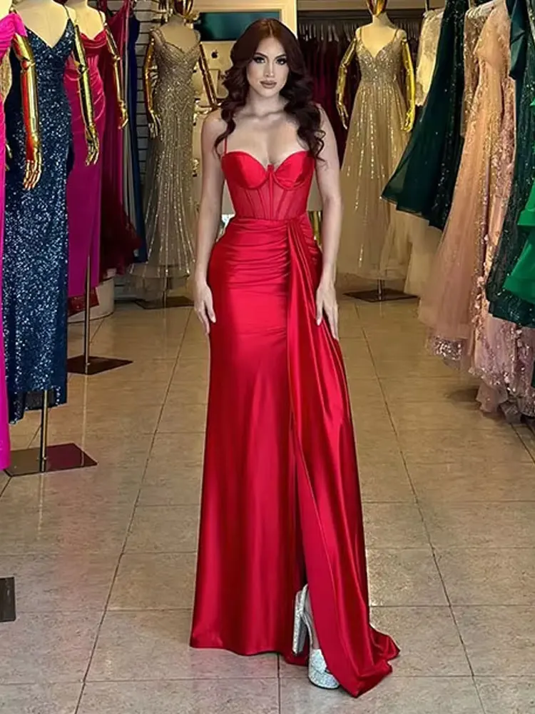 Vestido de fiesta rojo sexy con tirantes finos, vestidos de noche elegantes con pliegues y corpiño de hueso dividido lateral, vestidos formales para mujer