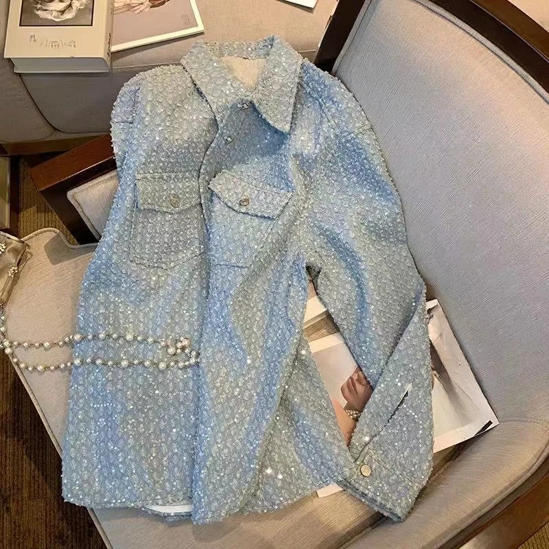 Spring Autumn New Coat Women Heavy Industry Blue Jacket 2024 Female Street Lovers Loose Fashion Pocket Tops Shirt Jackets