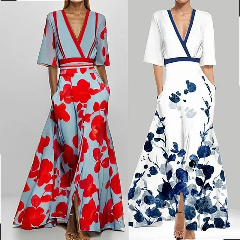 V Neck Floral Print Elegant Women Dress with Tie Waist A Line Dresses for Spring Summer