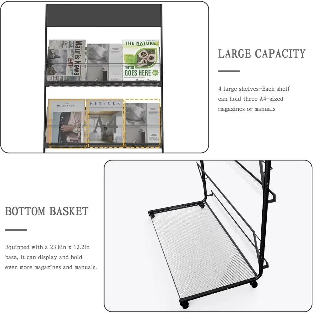 Magazine rack: Floor-standing 4-tier with wheels, brochure display stand, for exhibitions, offices