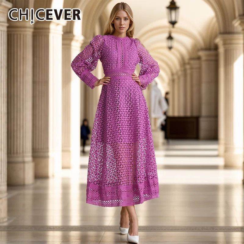 CHICEVER Embroidery Hollow Out Maxi Dress For Women O Neck Long Sleeve High Waist Solid Casual Dresses Female Autumn Clothes New