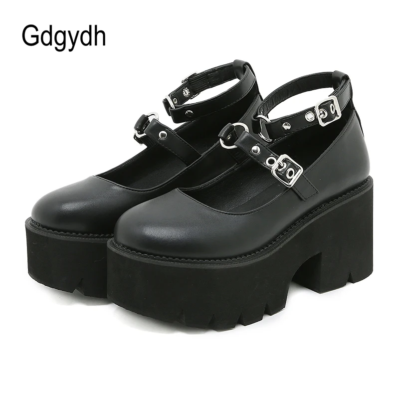 Gdgydh Block Heel Shoes Women Buckle Platform Black Gothic Cosplay Lolita Mary Janes Pumps Shoes Sweet Spring Summer Big Size