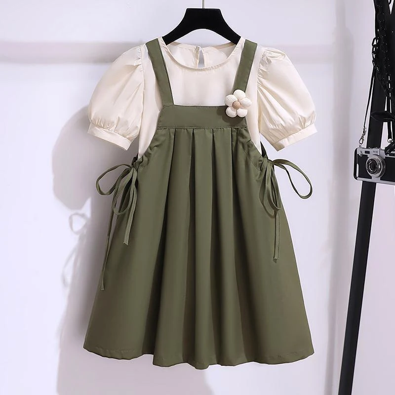 

New Fashionable And Versatile Casual College Style Korean Style Girls Simple Short-sleeved Suspender Skirt Two-piece Set