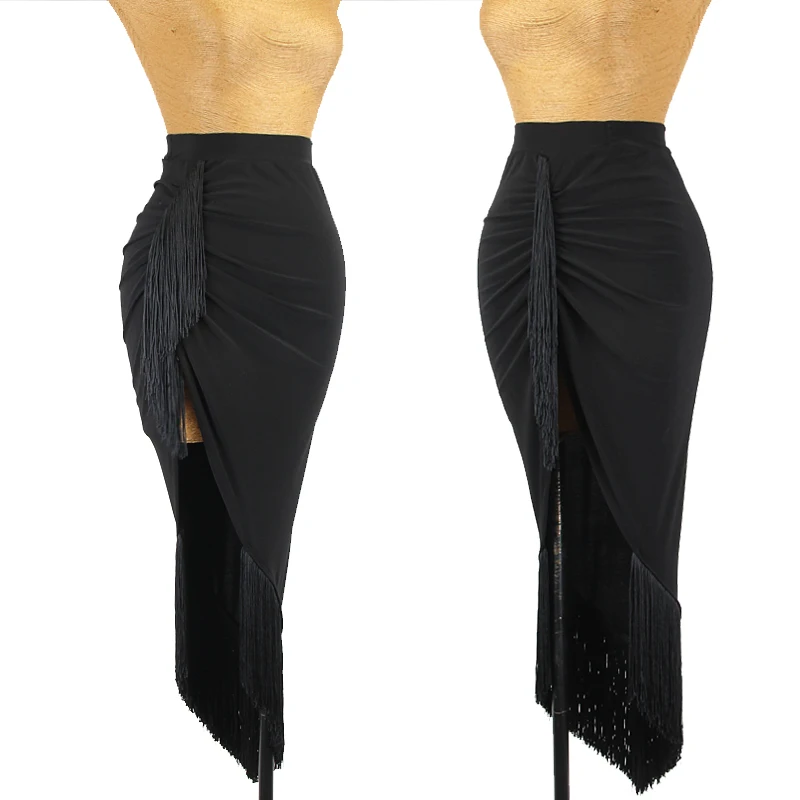 2022 Latin Dance Skirt Female Rumba Dance Costume Irregular Black Fringe Skirt Sexy Slit Performance Wear Salsa Skirt DNV16051