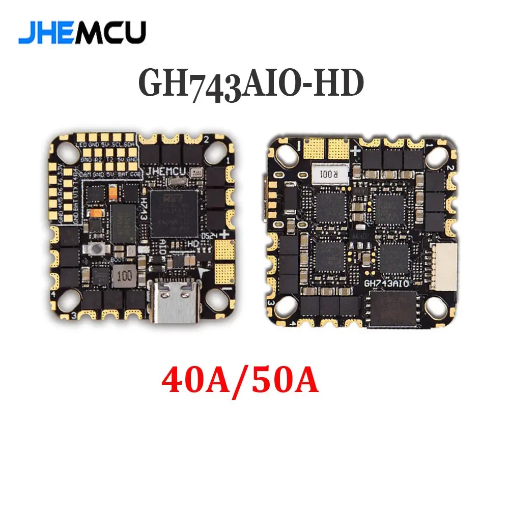 JHEMCU GH743AIO-HD Flight Controller ICM-42688 AM32 40A/50A 3-6S 4in1 Brushless ESC for RC FPV Freestyle Drone