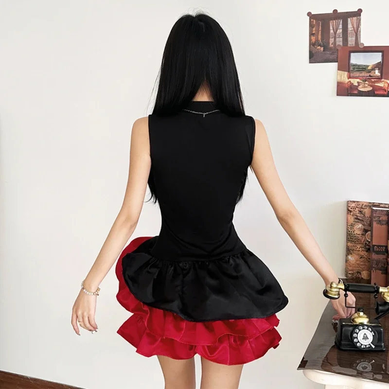 French Retro 3D Rose Birthday Dress Women\'s Sweet Round Neck Sleeveless Slim Waist Short Mini Dress Spicy Girl Floral Bud Dress